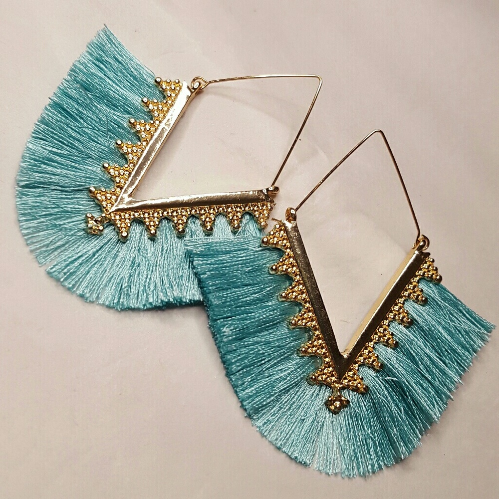 Light Blue V Shape Fringe Earrings - Picture 1 of 4